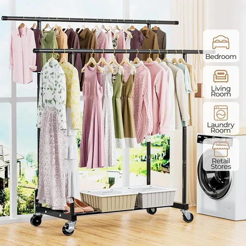 Vista 4 de Abiglifty Perchero de doble barra para colgar ropa, perchero con ruedas, organizador portátil de armario para lavandería, habitación (negro)