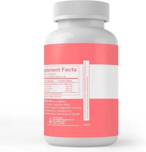 Vista 3 de PURE ORIGINAL INGREDIENTS BCAA, (100 cápsulas) siempre puro, sin aditivos ni rellenos, verificado por laboratorio