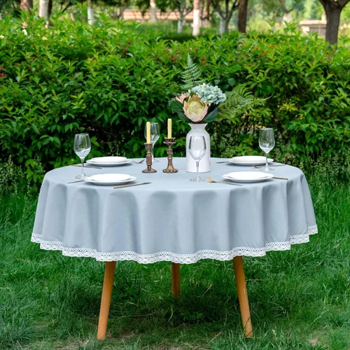 Vista 2 de EHouseHome Mantel de lino sintético con ribete de encaje, impermeable, a prueba de derrames, resistente a las manchas, sin arrugas, a prueba