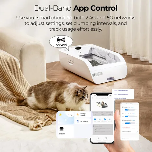 Vista 6 de Caja de arena automática para gatos con tapa abierta, control inteligente de aplicación (2.4G/5G) con seguimiento de salud y respaldo las 24 horas
