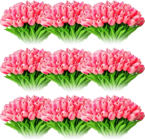 Vista 8 de Jexine 100 tulipanes artificiales reales, ramo de flores artificiales a granel con tallo para centros de mesa, bodas, novia, Pascua, día