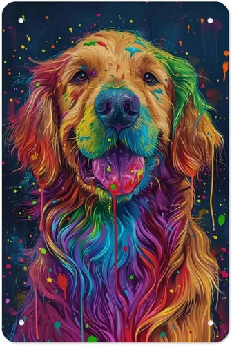 Abstract Colorful Dog Portrait Design Metal Tin Sign Wall Decor Retro Sign for Home Living Room Bedroom Coffee Wall Decor Halloween Christmas Gifts