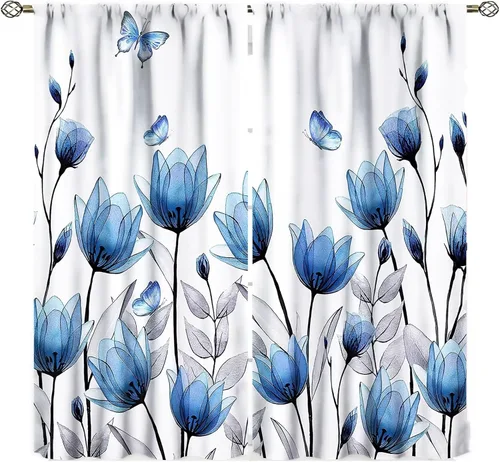 Cortinas de flores azules con tulipanes florales para mujer, con mariposas, plantas botánicas elegantes, cortinas pequeñas para sala de estar,