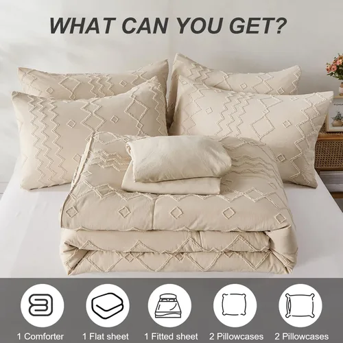 Vista 3 de Juego de edredón bohemio tamaño King, cama copetuda beige en una bolsa de 7 piezas con edredones y sábanas, juego de ropa de cama de microfibra