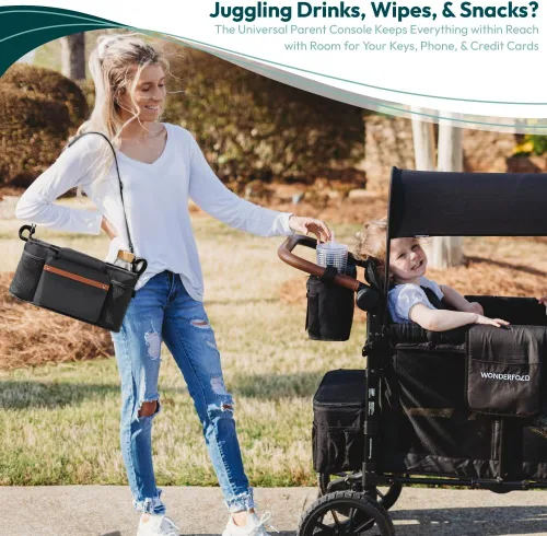 Vista 2 de Organizador universal para cochecito WONDERFOLD con portavasos con aislamiento, cierre de gancho y bucle, asa de sujeción, 2 bolsillos