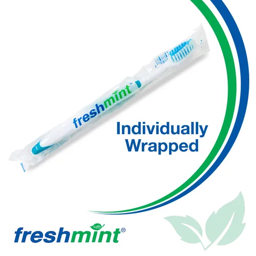 Vista 5 de FRESHMINT Paquete de 144 cepillos de dientes envueltos individualmente, mango de goma de fácil agarre de gran tamaño, cerdas de nailon multicolor