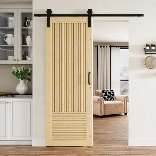 Vista 12 de BARNER HOME Puerta de granero de madera de pino de 30 x 84 pulgadas, puerta corredera decorativa de 1 lite, con kit de herramientas incluido