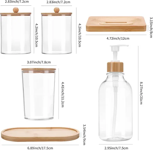 Vista 2 de Fixwal Juego de 6 dispensadores de jabón de baño, accesorios de baño de bambú, soporte para cepillos de dientes, dispensador de jabón, jabonera