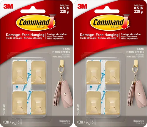 Vista 10 de Command Ganchos metálicos pequeños de color latón, 4 ganchos y 5 tiras, gancho de pared sin daños con tiras adhesivas, sin herramientas, ideal