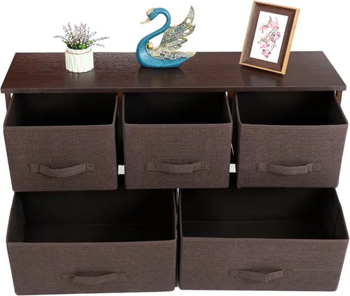 Vista 31 de Cómoda de tela con 5 cajones para almacenamiento, baúl de tela con cesta profunda, marco de acero resistente y parte superior de madera, Gris claro