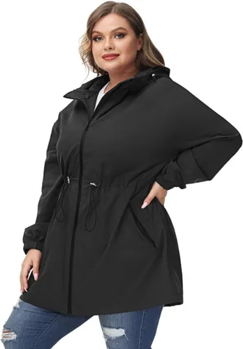Vista 5 de Hanna Nikole Chubasquero largo con capucha para mujer, talla grande, chaqueta cortavientos impermeable ligera