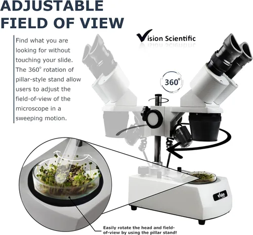 Vista 5 de Vision Scientific Microscopio estéreo binocular VMS0002-LD-12-ES2, oculares WF10x y WF20x, objetivos 1x y 2X, aumento de 10x, 20x y 40x, iluminación