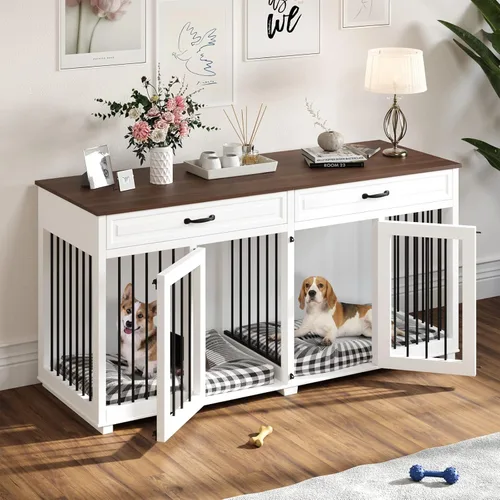 Vista 8 de Muebles grandes de jaula doble para perros de 64.6 pulgadas, muebles de madera para perreras con divisor y 2 cajones, muebles para 2 perros pequeños