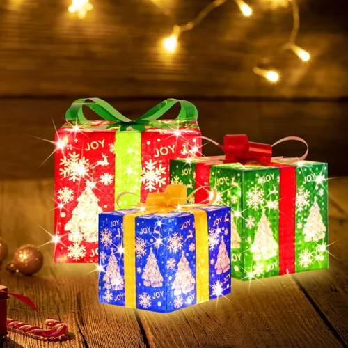 Vista 14 de [Juego grande de 3 cajas decorativas de regalo iluminadas de Navidad de 10"x8.5"x6.5", con 70 LED súper brillantes pre-iluminados con intermitentes