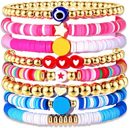 Vista 290 de Surfer Heishi - Pulseras apilables para mujer, apilables, de vinilo arcoíris, disco de arcilla, pulseras elásticas para la amistad, joyería bohemia