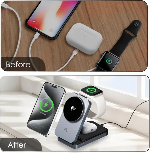 Vista 8 de Estación de carga 3 en 1, soporte de cargador inalámbrico Magsafe Qi2, estación de carga inalámbrica plegable compatible con tu Apple iPhone