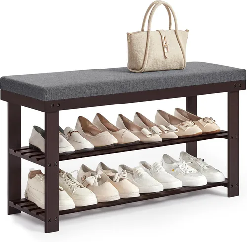 SONGMICS Banco de zapatos de bambú, organizador de zapatos de 3 niveles para entrada, sala de estar, asiento de banco con capacidad para hasta 300