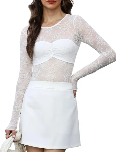 Vista 13 de OFEEFAN - Blusas de malla para mujer con manga larga y encaje, camisetas de cuello redondo ajustadas y transparentes Champán