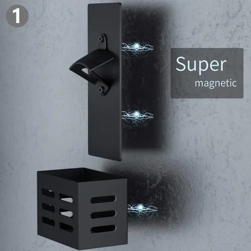 Vista 4 de Weallbuy Abrebotellas magnético con receptor de tapas, accesorios de Man Cave para montar en la pared, abridor de botellas de cerveza extraíble
