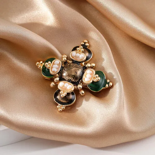 Vista 8 de Broche de cruz de perlas retro para mujer a la moda, Aleación, perla de agua dulce, Perla