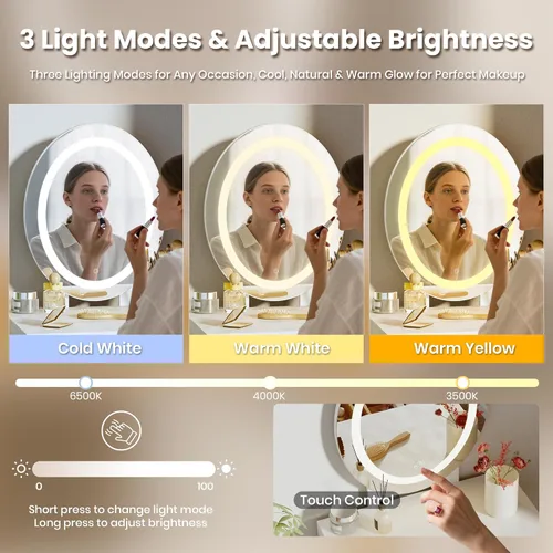 Vista 8 de Tocador pequeño con espejo y luces, tiradores de madera con taburete acolchado, 3 modos de iluminación, mesa redonda de maquillaje con rieles