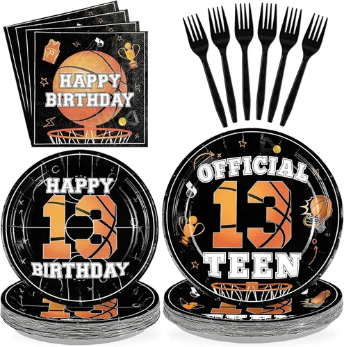 96 piezas de suministros para fiesta de cumpleaños de 13 años, platos y servilletas desechables de baloncesto y deportes, juego de vajilla para
