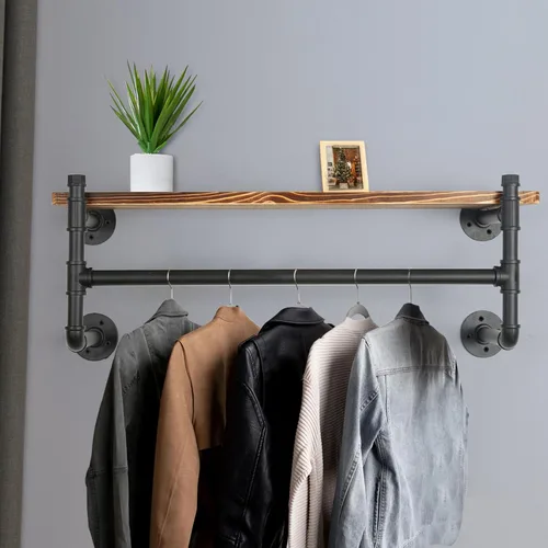 Vista 4 de WEBI Perchero de pared con estante, perchero industrial de 24 pulgadas con estantes, barra de ropa de hierro resistente, barra de ropa de exhibición