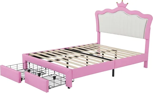 Vista 29 de Elegante cama de princesa tapizada de tamaño individual con cabecera corona, plataforma de piel sintética con soporte resistente de listones