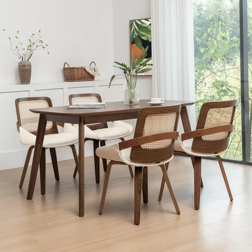 Vista 14 de Sillas de comedor de caña – Sillas de comedor modernas de mediados de siglo con marco de madera curvada de nogal, respaldo ergonómico de ratán