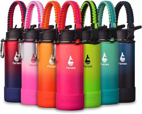 Vista 45 de Botella de agua Farsea aislada con asa de paracord, protector y 2 tapas (tapa de pajita y tapa de boquilla), de acero inoxidable, boca ancha, doble