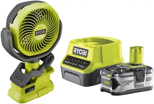 Ryobi Kit de ventilador de clip de inclinación ajustable con batería personal de 18 voltios con batería de 4.0 Ah, cargador y kit de bolsa