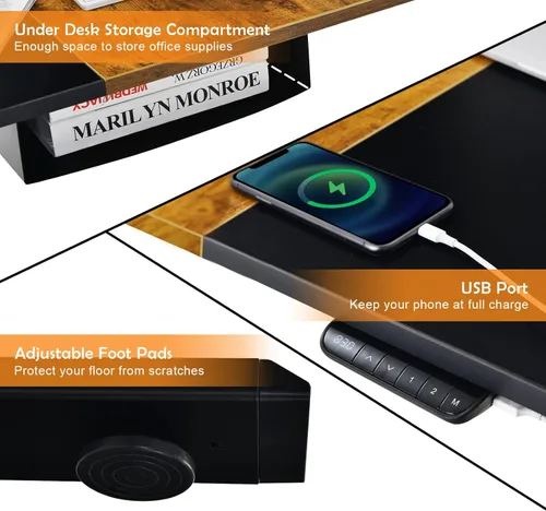 Vista 8 de Tangkula Escritorio eléctrico de pie ajustable de 55 x 28 pulgadas, escritorio de pie para sentarse, estación de trabajo para computadora con puerto