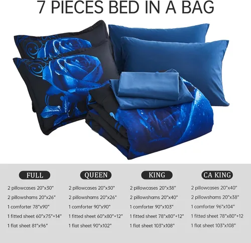 Vista 6 de Xruibed Juego de edredón azul de 7 piezas en una bolsa, juego de cama completo, edredón con diseño de rosas azules, juego de ropa de cama reversible