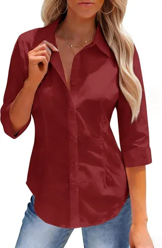 Vista 7 de siliteelon Button Down Shirts for Women: Slim Fit Stain Shield 3/4 Sleeve Dress Shirt Formal Work Button Up Blouses