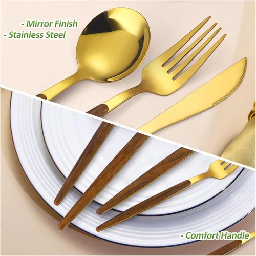 Vista 4 de Juego de cubiertos dorados de 20 piezas con tenedor para pastel, juego de cubiertos de acero inoxidable para 4, utensilios de cocina con mango
