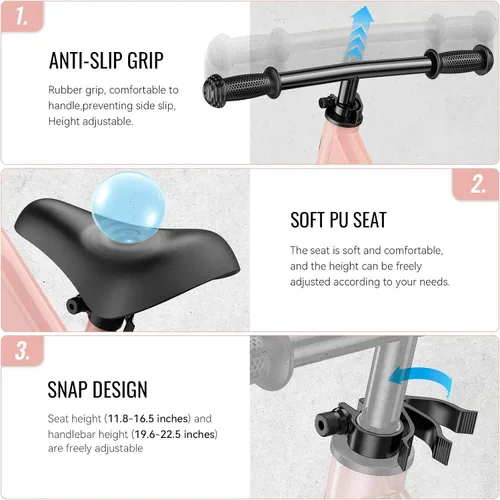 Vista 5 de SEREED Bicicleta de equilibrio para niños de 2 a 5 años, sin pedales, ajuste sin herramientas, placa personalizable con calcomanías, regalo para Rosa