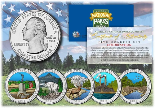 2011 America The Beautiful Colorized Quarters U.S. Parks 5-Coin Set w/Cápsulas