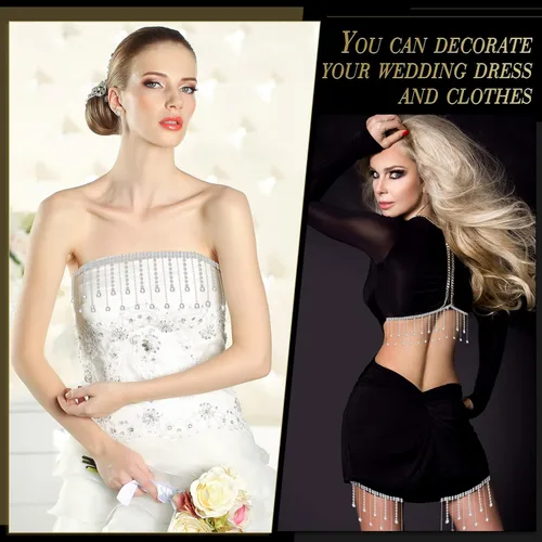 Vista 3 de Sureio Borde de flecos de diamantes de imitación de 2 yardas, borde de borla de diamantes de imitación plateados, cadena de cristal de diamante