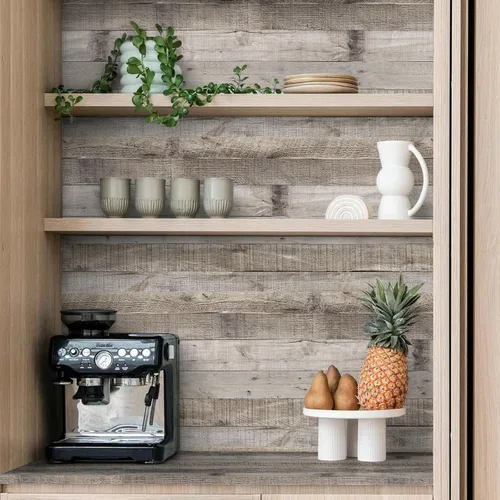 Vista 6 de Anmon Papel tapiz autoadhesivo de madera para despegar y pegar, papel tapiz de tablones de madera gris claro de 17.7 x 118 pulgadas, papel de pared