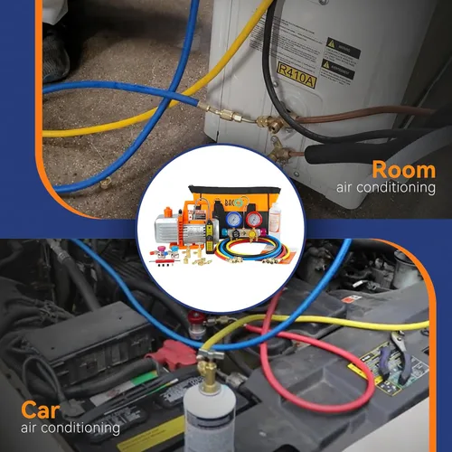 Vista 8 de BACOENG Juego de bomba de vacío y medidor de CA de 4.5CFM, kit de bomba de vacío HVAC de 4 vías con detector de fugas para refrigerantes R134a R22