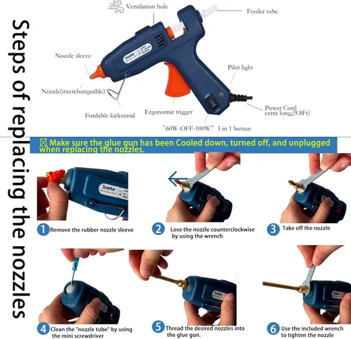 Vista 6 de Pistola de pegamento caliente de tamaño completo con estuche, interruptor de 60W/100W/APAGADO, cable de alimentación extra largo de 9.8 pies