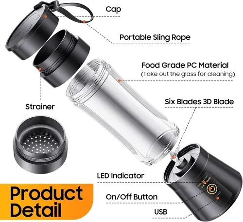 Vista 8 de Licuadora portátil, licuadora personal inalámbrica con USB recargable y 6 cuchillas, mini exprimidor compacto potente mezcla para batidos, frutas