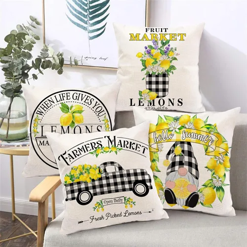 Vista 6 de Hexagram Lemon Farmhouse - Juego de 4 fundas de almohada de verano de 16 x 16 pulgadas, fundas de almohada de lino a cuadros de búfflao, diseño