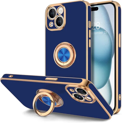 Vista 9 de Hython Funda para iPhone 15 con Soporte de Anillo, Soporte de Anillo Giratorio de 360° Soporte Magnético, Borde Chapado en Oro Rosa Cubierta Suave