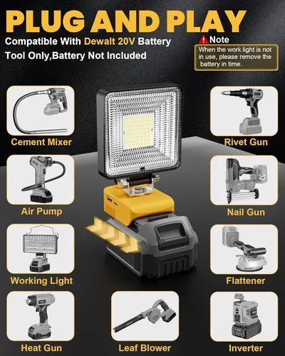 Vista 6 de LIVOWALNY Luces de trabajo LED de 60 W compatibles con batería Dewalt, 2 linterna de 6000 lm con puerto de salida USB A y USB C, protección de bajo
