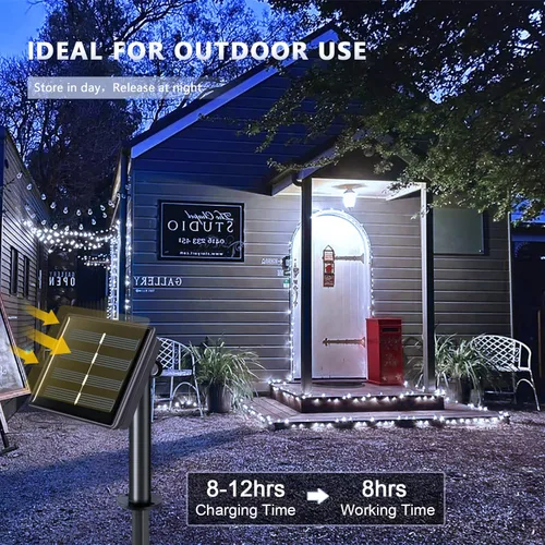 Vista 4 de JMEXSUSS Paquete de 4 tiras de 100 luces LED solares para exteriores, 33 pies, luces solares blancas para exteriores, impermeables, 8 modos, luces