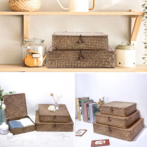 Vista 2 de Hipiwe Cestas planas de mimbre con tapa, juego de 3 cestas de almacenamiento de hierba marina tejidas a mano, cajas de almacenamiento multiusos