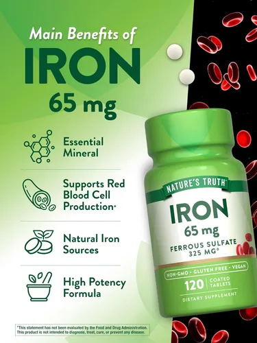 Vista 5 de Suplemento de hierro de sulfato ferroso 65 mg 120 tabletas Sin OMG, sin gluten por Nature's Truth