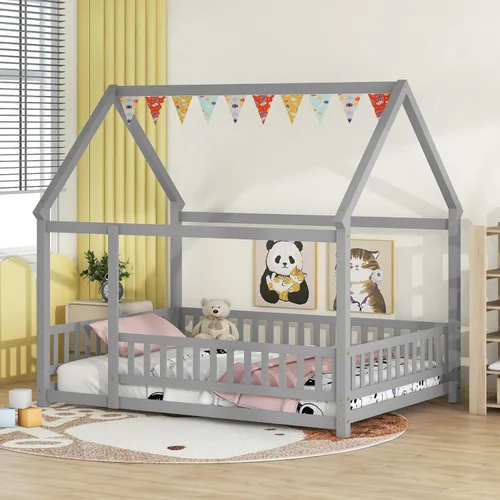 Vista 4 de Harper & Bright Designs Cama de suelo de tamaño matrimonial para niños, cama de madera con barandillas, diseño Montessori, techo en forma de casa