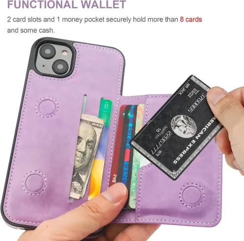 Vista 4 de KIHUWEY Funda compatible con iPhone 14 Plus con tarjetero de cuero de primera calidad, cierre magnético oculto, duradero, a prueba de golpes